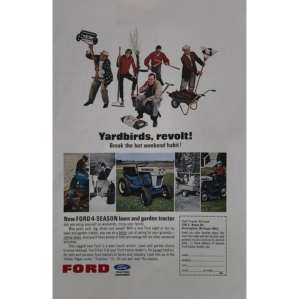 Vintage 1966 Ford Lawn Tractor Magazine Ad Yardbirds Revolt Mid-Century Print